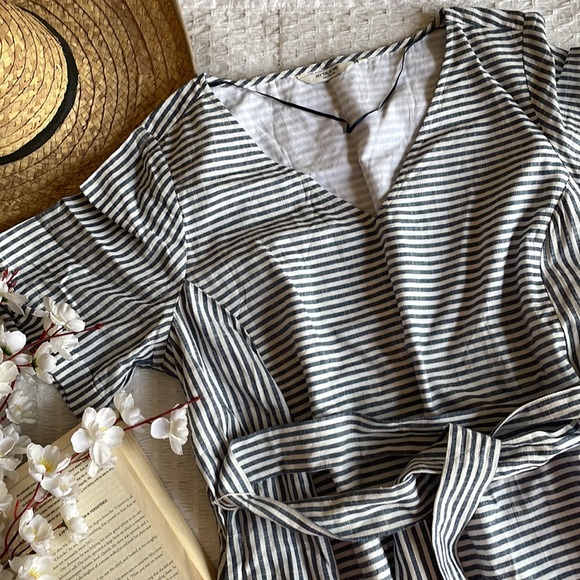 Midi Cotton Striped summer dress with a belt - Picture 3 of 6